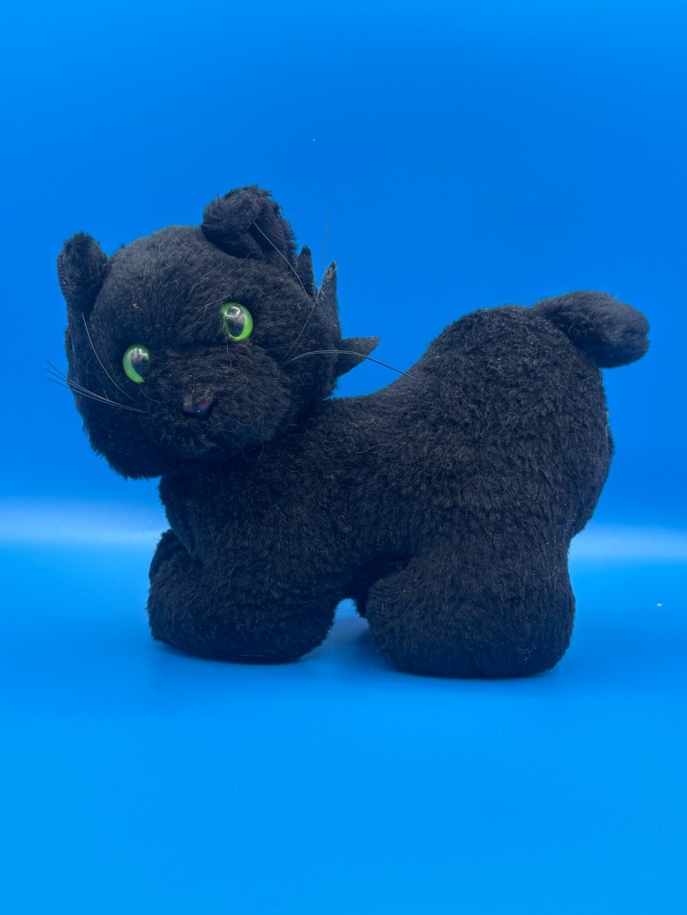 Vintage Standing Kit Kitten Plush 7" Black Cat Halloween Toy Green Eyes